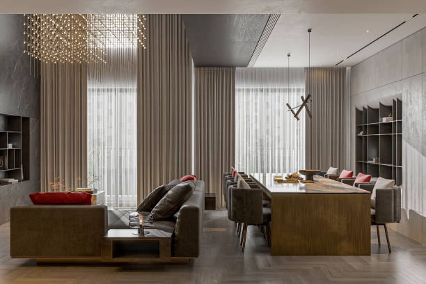istock Open space modern living and dining room interior design. Bright big living space 2157251574