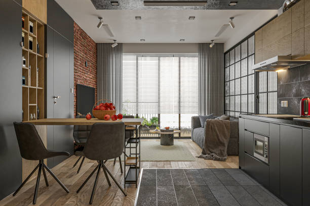 istock modern interior farmhouse style dining, kitchen and living area decorated. 2157251593