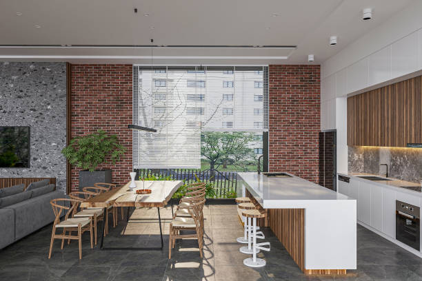 istock A simple and classic wooden dining setup with a countertop and stools is complemented by natural light 2157251651