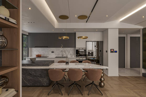istock Comfort and Style Creating a Luxury Dining Room Interior with a dining table that has a wood base and gray chairs 2157251673