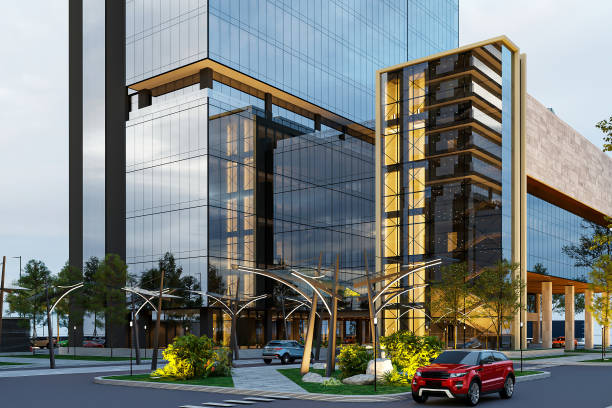 istock A rendering of a modern office building with a glass facade and a green roof. 2157252404