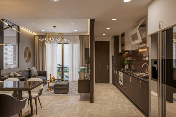 istock An open living room with a dark wood kitchen and a balcony. 2157252421