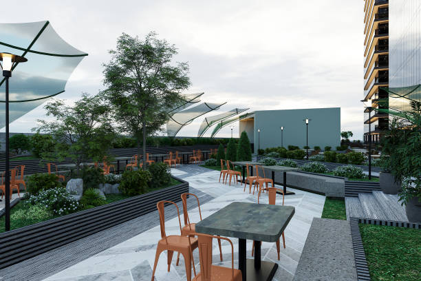 istock an outdoor seating area on a rooftop in a corporate building. 2157252426