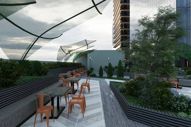 istock Tables and chairs on a office building rooftop terrace. 2157252514