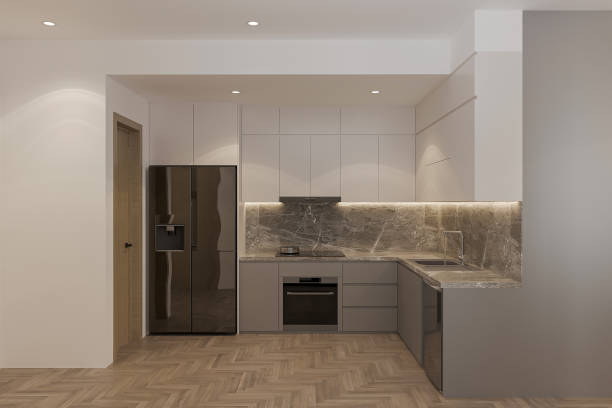 istock A modern kitchen with white cabinets, a large fridge, and a marble countertop. 2157253046