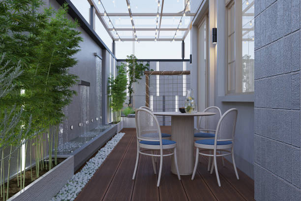 istock A garden with a table and four chairs. 2157253225