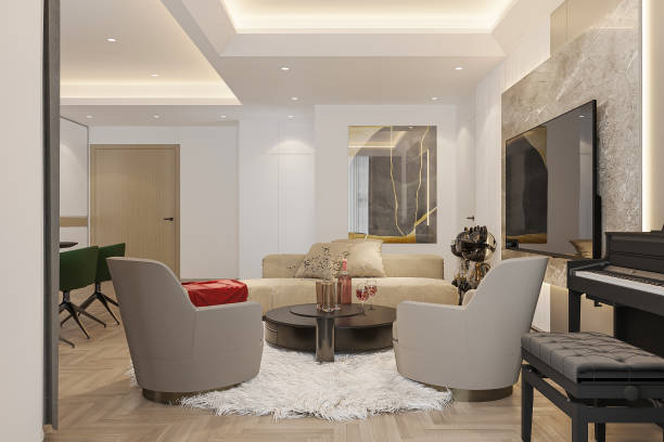 istock Piano, chairs, coffee table, sofa, and TV in a modern living room. 2157253282