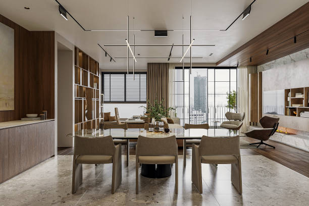 istock Interior of modern dining with modern and stylish chairs with the table next to the kitchen counter. 2157253377