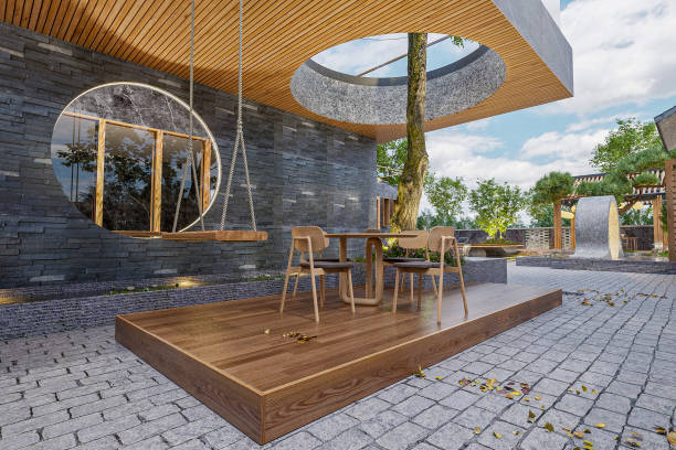 istock a table with four chairs on a wooden platform. There is a swing hanging from the roof. 2157253481