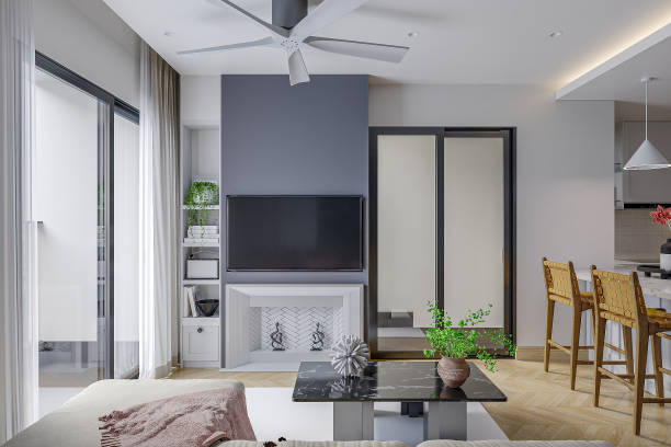 istock a living room corner interior with a TV, coffee table, sofa, rug, and plants 2157253646