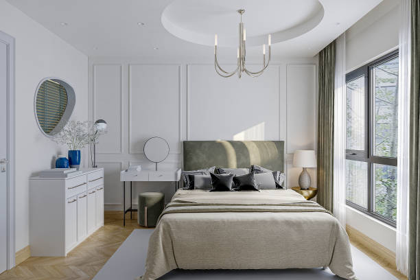 istock A shophistic bedroom with a bed, a dresser, and a window. 2157253671