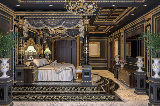 istock The modern bedroom with a large, ornate bed with a golden canopy. 2157253704