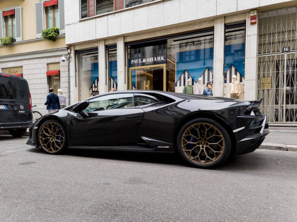Italy, Milano, june 12, 2024 -  luxurious Lamborghini Huracan on streets of Milan