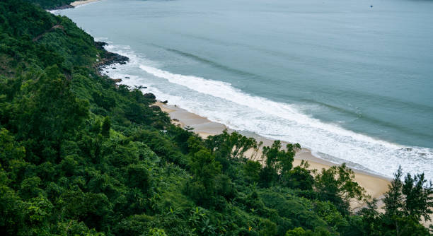 Discover the serene beach at Hai Van Pass in Da Nang, Vietnam, where people relax and enjoy the natural beauty on a cloudy day. This scenic spot offers a peaceful escape with stunning coastal views.