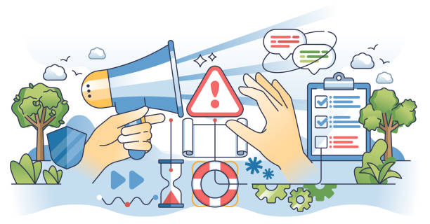 stockillustraties, clipart, cartoons en iconen met crisis communication and corporate pr management outline hands concept - bord in geval van nood