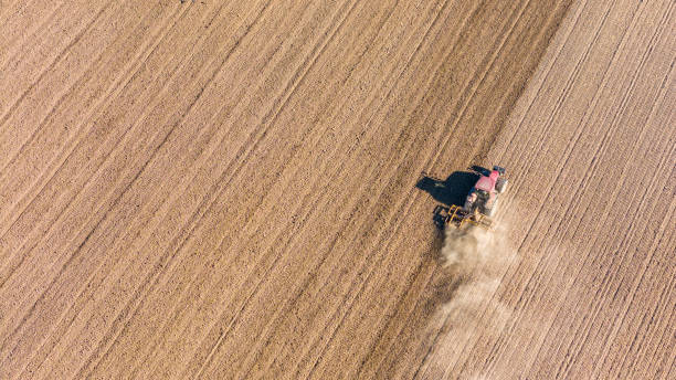 istock Tractor working in agriculture fields, aerial drone view 2157266732