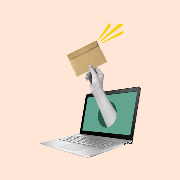 istock Contemporary art collage of a hand sticking out laptops with an envelope. 2157269246