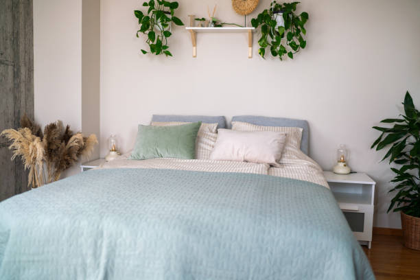istock Bedroom whit large bed and plants 2157271716