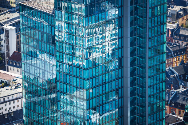 High angle view on corporate building in blue mirror glass windows