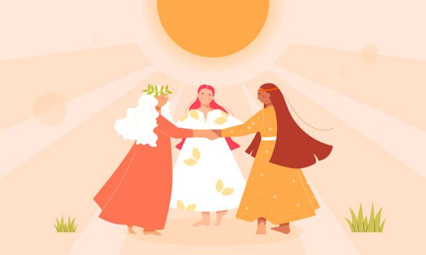 illustrazioni stock, clip art, cartoni animati e icone di tendenza di solstizio d'estate. danza rotonda. il giorno più lungo. le ragazze in abiti ballano in cerchio - solstizio-destate