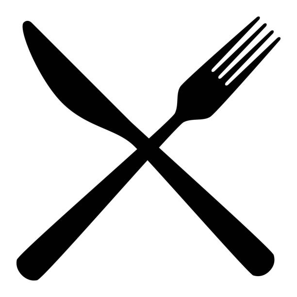 illustrations, cliparts, dessins animés et icônes de fourchette à couverts croisés et couteau, forme de silhouette, illustration vectorielle en noir et blanc - fourchette