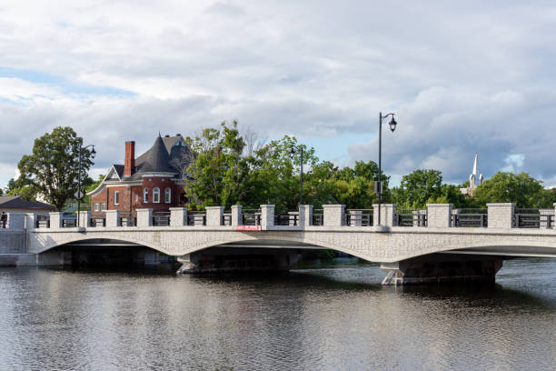Carleton Place, Canada - August 13 2023: Downtown at Carleton Place, Ontario. Bridge over river in small town.