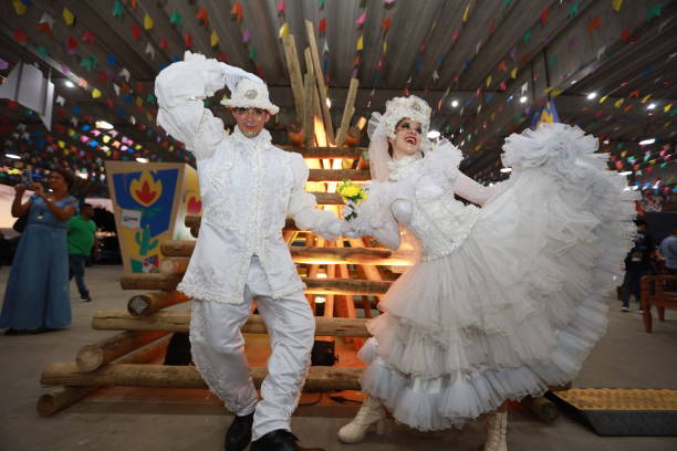 Friends playing ring toss at a Brazilian Traditional Festival \