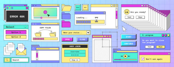 Retro computer screen interface with windows, folder, file and message frames Retro computer interface, digital screen with open software windows, buttons, browser, folder, file, loading progress bar and error icons in trendy y2k style. Vaporwave old desktop pc design elements. windows folder icon stock illustrations
