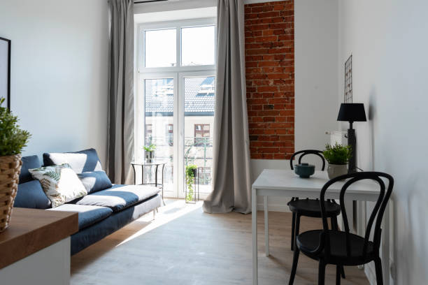 istock Studio in new apartment with table, chair and design indoors architecture. Interior decor of bedrooom 2157285961