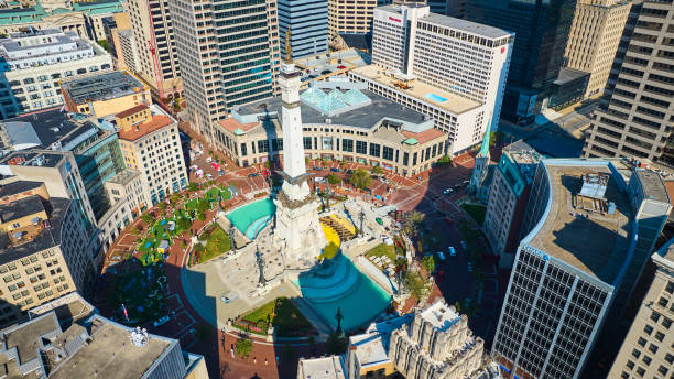 Aerial Downtown Indianapolis Monument Circle and Skyscrapers