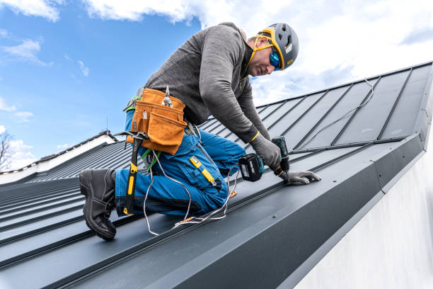 istock Work at heights. A tinman with climbing harness on the roof is working with a cordless drill on the sheeting. 2157298125