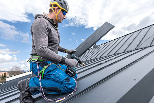 istock Work at heights. A tinman with climbing harness on the roof is working with a cordless drill on the sheeting. 2157298364