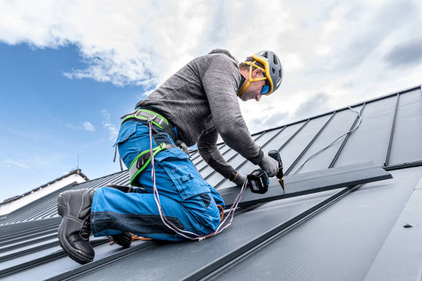 istock Work at heights. A tinman with climbing harness on the roof is working with a cordless drill on the sheeting. 2157298427