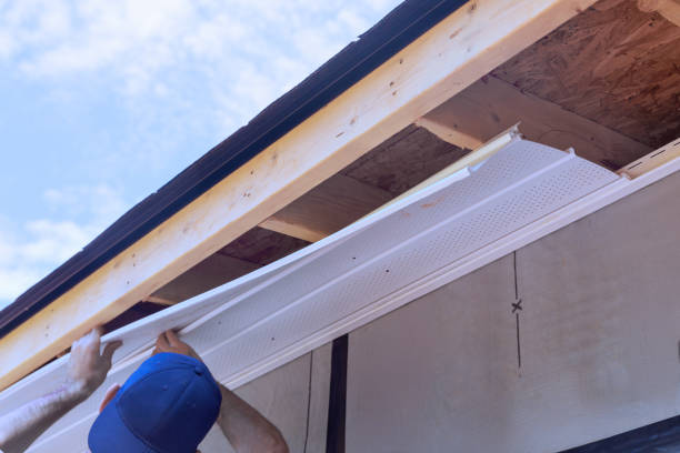 istock Installing vinyl soffit on a rafters house at corner of ceiling 2157299091
