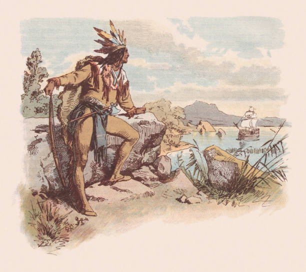 The Song of Hiawatha, written by Longfellow, chromolithograph, published 1888 Scene from "The Song of Hiawatha (Chapter XXI. The White Man's Foot)" - a long poem in the form of an epic, written by Henry Wadsworth Longfellow (1807-1882). It tells of the life of the Ojibwe warrior Hiawatha, who lived in the 16th century. Chromolithograph, based on a drawing by Franz Xaver Simm (Austrian painter and illustrator, 1853 - 1918), published in 1888. old indian stock illustrations