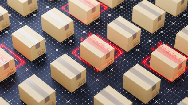 istock Commodity inspection concept. Cardboard boxes on abstract futuristic floor are scanned to determine the fragility of the parcel 2157299528