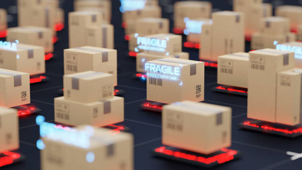 istock Commodity inspection concept. Cardboard boxes on abstract futuristic floor are scanned to determine the fragility of the parcel 2157299568