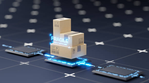 istock Automatic sorting, shipping and transportation concept. Packed boxes on abstract futuristic sorting line. 2157299582