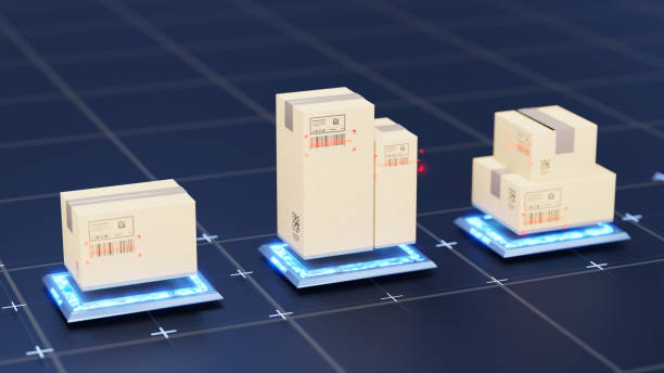 istock Automatic sorting, shipping and transportation concept. Packed boxes on abstract futuristic sorting line. 2157299676