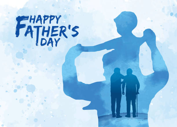 Father's day - father and son silhouette with blue watercolor background Father and son silhouette with blue watercolor background. Happy Father's day greeting illustration. Cartoon child sitting on father shoulder. Young man walking with father. Fatherhood lifestyle. fathers day stock illustrations
