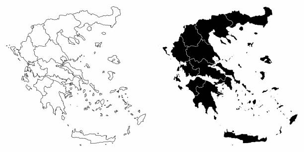 Greece administrative maps The black and white administrative maps of Greece crete cartoon stock illustrations