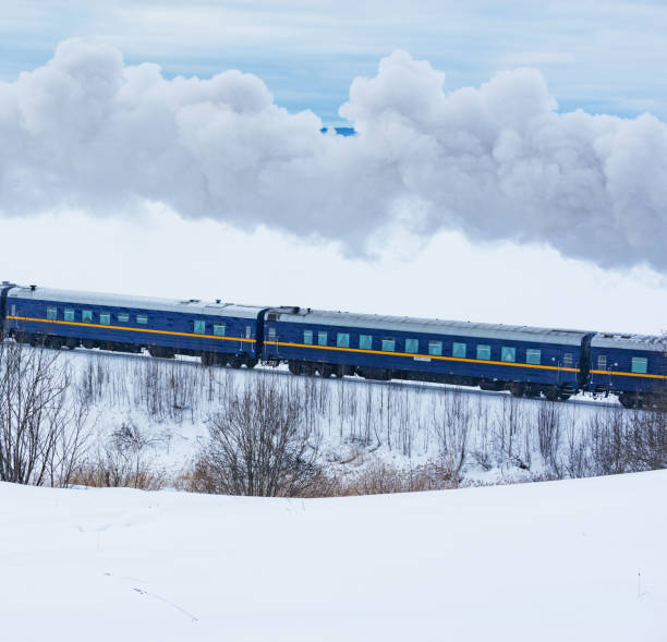 Retro steam train moves at winter.
