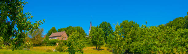 istock Fields and trees in a green hilly grassy landscape under a blue sky in sunlight in summer 2157303034