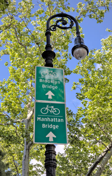 istock brooklyn and manhattan bridge directional signs for cyclists (biking over bridges arrow street sign) on lamp post in downtown carroll gardens heights new york city (street light) cycling bike biking 2157307653