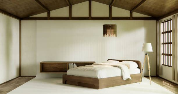 istock muji style empty room decorated with wooden bed, white wall and wooden wall. 3d rendering 2157307835