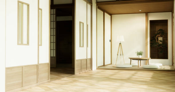 istock Muji Empty room Clean minimalist room interior, 3D rendering 2157308005
