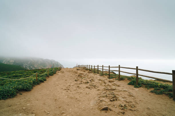 Foggy cliffside path with a wooden fence