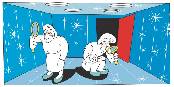 scientists looking for viruses in a sterile room Vector scientists looking for viruses in a sterile room clean room stock illustrations
