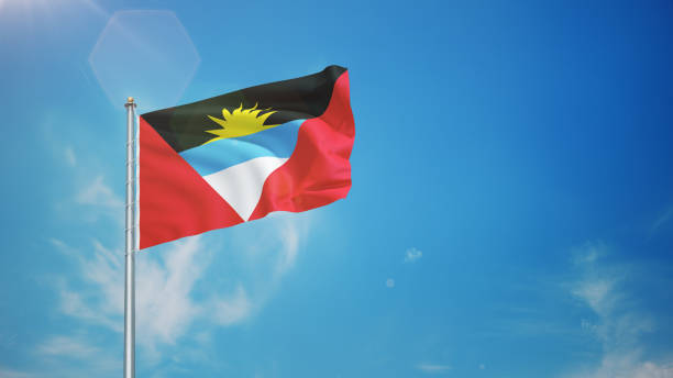 3d RenderAntiqua & Barbuda Flag  Waving in the Wind in Blue Sky, Concepts of Democracy and International Relations