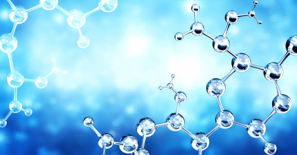 istock Horizontal banner with model of abstract molecular structure. Background of blue color with glass atom model. Copy space for your text. 3d render 2157323311